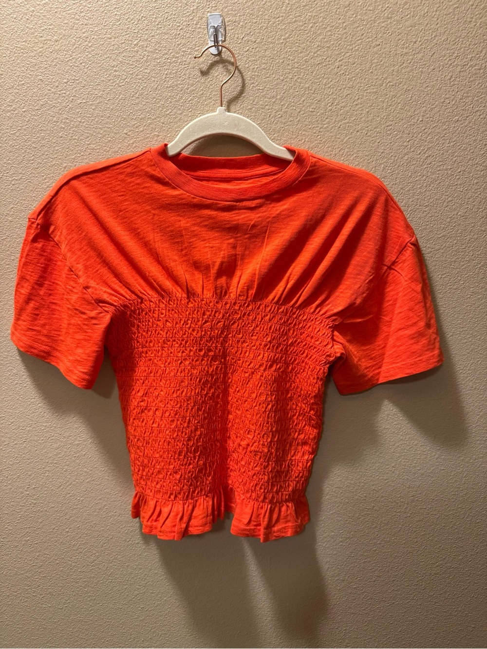 aerie Orange Smocked Short Sleeve Top with Ruffle‎ Hem